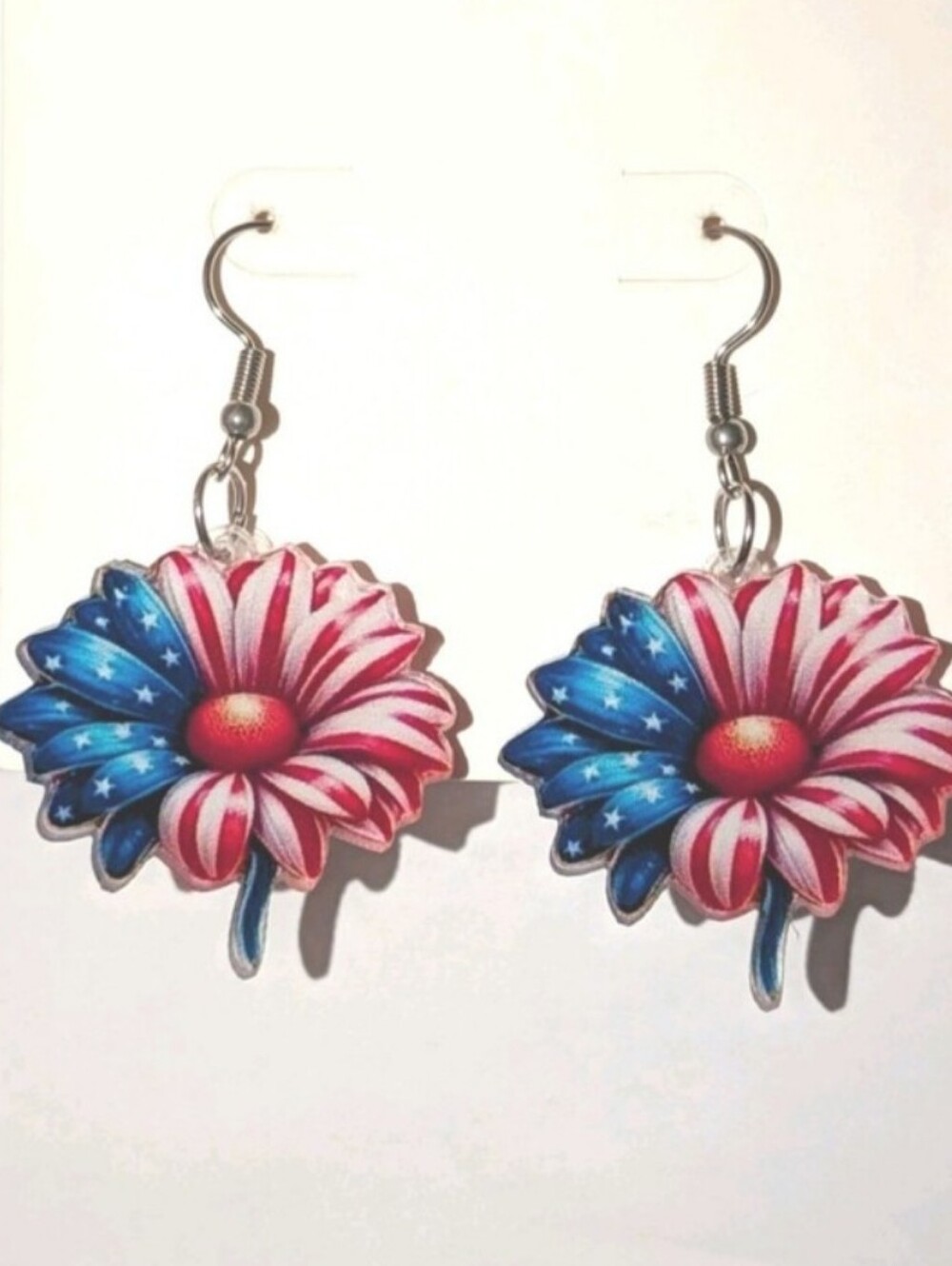 Patriotic Red, White & Blue Flower Dangle Earrings